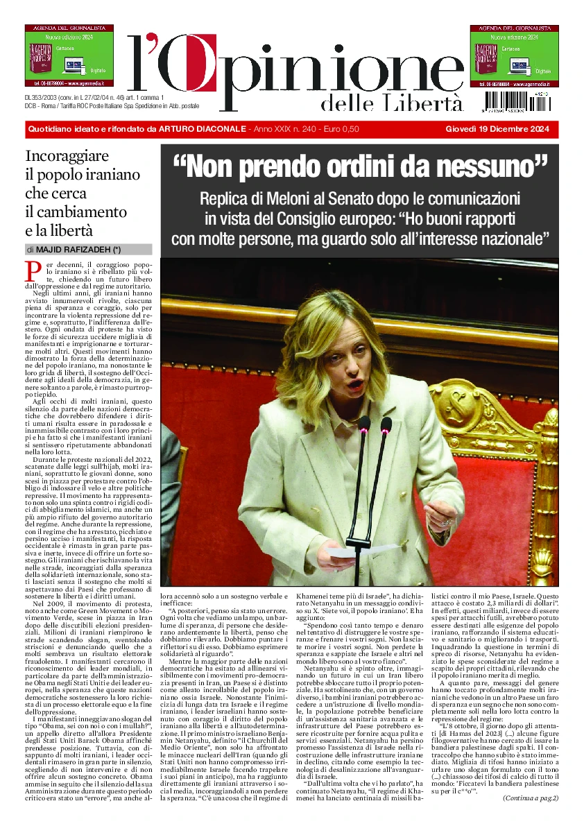 Prima-pagina-opinione della liberta-edizione-di-oggi-2024-12-19